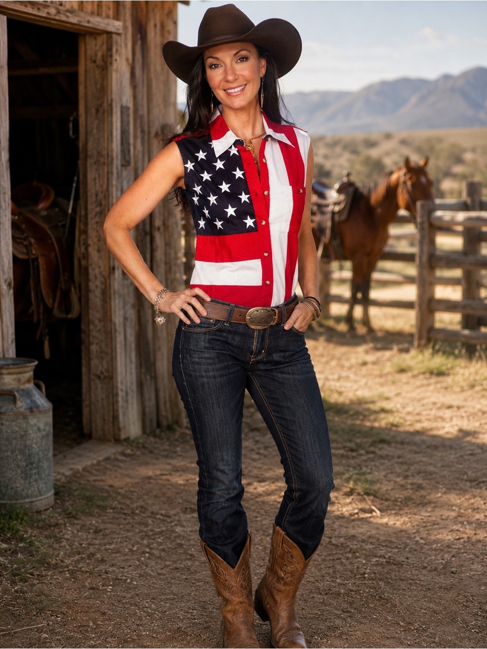 NWT Scully RangeWear Womens Red 100% Cotton Flag Sleeveless Western Shirt Sz S